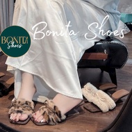 N3 Square toe high heels with smooth fur straps and bow straps FRENCH HEELS Bonita Shoes - G296