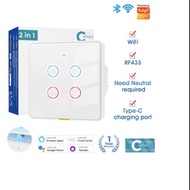 Tuya RF433 Wifi Smart Switch With USB Type-C RF 433 Smart Home Light Touch Wall Switch 1 Gang 2 Gang