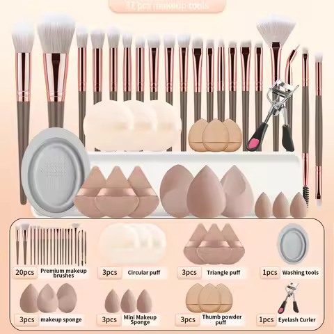 20 makeup brushes+3 round powder puffs+3 triangular powder puffs+3 beauty eggs+3 finger powder puffs