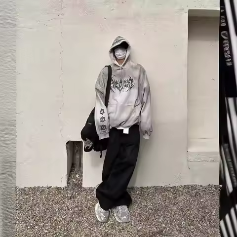 Grailz Autumn/Winter Washed Vintage Stained Damaged Embroidered Sanskrit Hooded Sweatshirt Vibe Styl