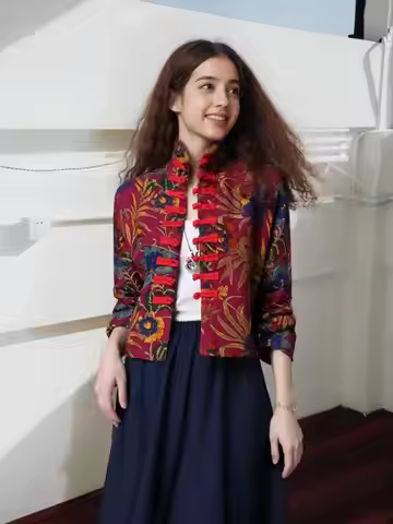 Vintage Chinese Tang Dynasty Women Long Sleeve Jacket Republic Of China Autumn Cotton Hemp Button Ma