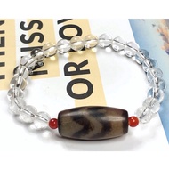 Tibetan Dzi Beads Water Patterns Dzi Beads With Clear Quartz Bracelet 藏传老矿水纹天珠配白水晶手链 28.3x13.4mm