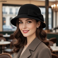 ZENON Bow Topper Hat, Solid Color French Style Women Fisherman Hat, Fashion Keep Warm Black Flat-top
