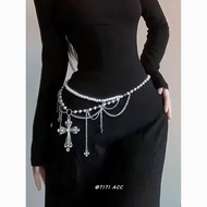 Yk Hot Girl Style Cross Pearl Waist Chain Retro Niche Design Belt Sweet Cool Style#yk辣妹风十字架珍珠腰链复古小众设