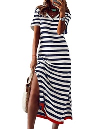 Summer Dress Casual Womens Fashion Short Sleeve Maxi Dress T Shirt Dress Striped Long Color Block Ma