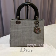 Christian Dior 復古千鳥格 Lady Dior 包  灰黑白帆布 黑皮革手柄 手提包 二手精品