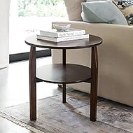 Solid Wood Round Side Table, Small End Table with 2 Tier Shelf, Mid Century Modern Accent Coffee Tab