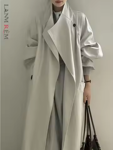 [LANMREM] Loose Casual Windbreakder Women's Turtleneck Single Button Belt Trench Coat 2025 Autum New