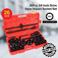26pcs Impact Socket Tool Set Automotive Heavy Duty Car 3/4" 1" Drive Hex 21mm - 65mm 6 Points Wrench