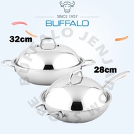 BUFFALO 28cm/32cm 3-ply SUS304 Honeycomb Wok Flat Bottom Wok With Stainless Steel Lid (No Coating) 牛