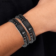 IONSKY Double-Row Braided Bracelet, Black Magnetic Lava Rock Bead Bracelet, Wristband Bible Verse Le