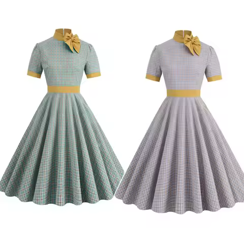 Women Vintage Plaid Dress With Pockets Elegant Cocktail Party 1950s Swing Rockabilly Dress Audrey He
