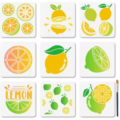 9 PCS Fruits Lemon Painting Stencils 5.9x5.9 Inches Slices Reusable Stencils Juice Water Fresh Drawi