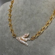 Cream White Biwa Baroque Stick Branch Pearl Large Gold Chain Necklace Jewelry