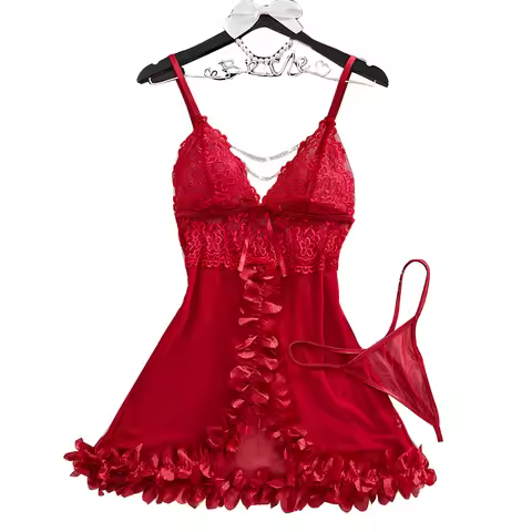 Red Women's Underwear Flower Edging Lace Nightdress And Thongs Pijamas Set Female Nighty