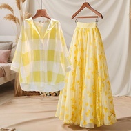 Dopamine Yellow Hooded Shirt & Floral Skirt Set - Women's Summer Outfit
