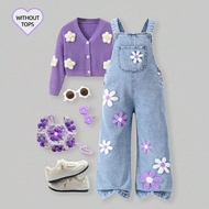 Charming Young Girls Long Light Wash Denim Overalls Adorned With Cartoon Flowers Sleeveless Design A