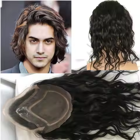 Toupee For Men Long Hair Men's Wigs 12inch Human Hair Wigs For Men Natural Wavy Curly Toupee Black M