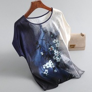 Large Size Ice Silk T-Shirt Middle-Aged Elderly Mother Wear Round Neck Loose Printed Top Lady Fashion Short100425Ee