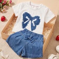 2pcs/Set Baby Girl Casual Outdoor Minimalist Cute Style Bowknot Print Round Neck Short Sleeve T-Shir