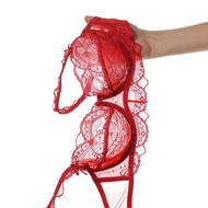 Fashion Red Transparent Underwear Women Set 3/4 Cup Floral Embroidery Lace Underwire Push Up Bra And