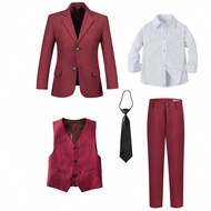 Tween Boy Suits 5-Pieces Suit Set Tuxedos Dresswear Ring Bearer Outfit Wedding Blazer Vest Pants Shi
