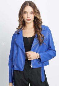 Jaket semi kulit wanita rock and roll biru ngatung leather jacket crop ramones blue