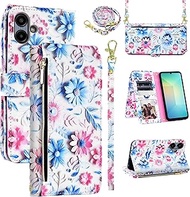 Dswteny Wallet Case for Samsung Galaxy A06 5G with Detachable Wrist Strap Shoulder Strap, Zipper Flo