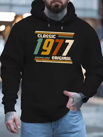 Men's Plus Size 1977 Retro Hooded Sweatshirt, Retro Street Style Hoodie with Letter Print, Casual Au