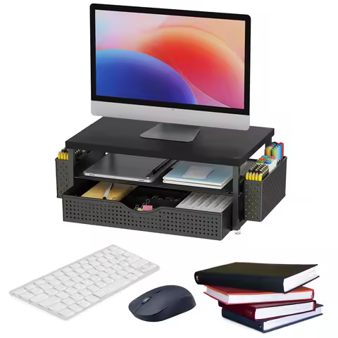 2-Tier Computer Monitor Stand Riser with Drawer and 2 Pen Holders Desk Organizer Office Organizer Of