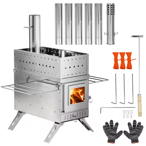 UNHO tent stove, 12.8 inches long and 85.2 feet high portable wood-burning stove, large stainless st