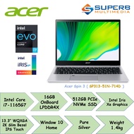 Acer Spin 3 SP313-51N-714D Notebook (  i7-1165G7 / 16GB LPDDR4X / 512GB PCIe SSD / BT 5.0 / HD Webca