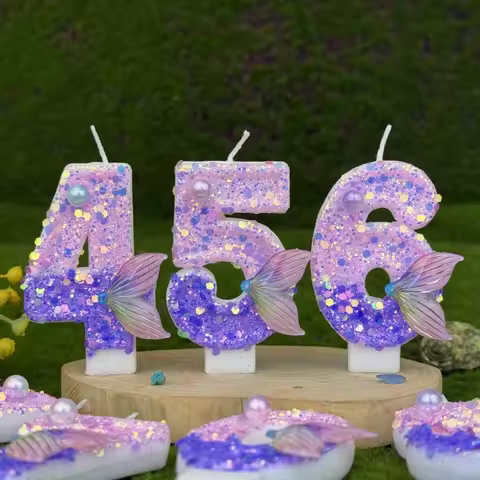 Purple Mermaid Tail Glitter 0-9 Number Candle Birthday Party Candle for Girls Cake Decoration Starfi