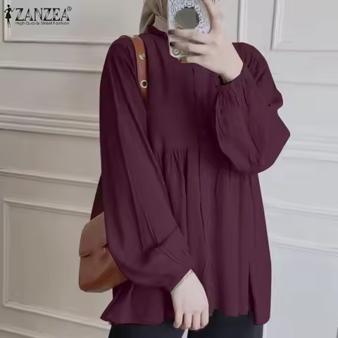 2026 ZANZEA Muslim Hijab Blouse Fashion Women Long Sleeve Tops Blouse Solid Shirt Ramadan Islamic Cl