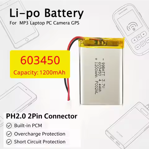 603450 1200mAh 3.7V Lipo Battery Rechargeable Lithium Polymer Batteries Jst PH 2.0mm 2pin Plug for M