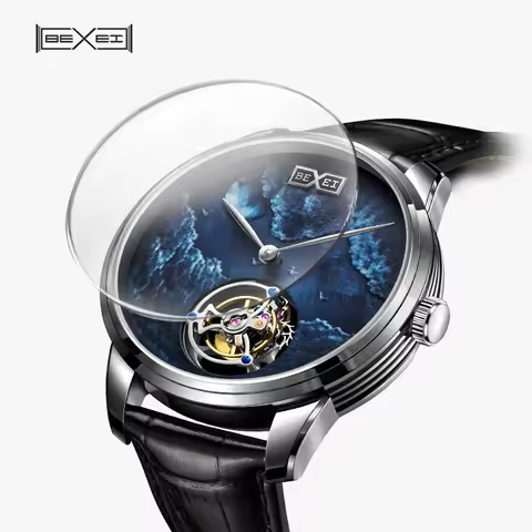BEXEI Tourbillon Watch for Men Skeleton Mechanical Movement Ink Painting Dial Synthetic Sapphire Wat
