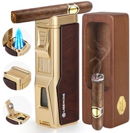 Cigar Lighter and Ashtray Set, 4 Jet Flame Windproof Lighter, with Cigar Holder and Cigar Punch, Ref