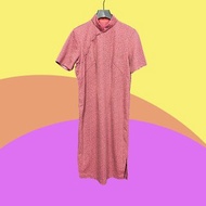 二手 古董訂製 暗粉色 印花 毛料 開衩 彈性 短袖 旗袍 CA410