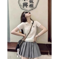 Korean Pony Embroidered Polo-Collar Twist-Knit T-Shirt - Women's Slim Fit Short Sleeve Top A3958WY8