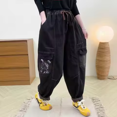 ed hardy Women's Fall Disney Mickey Pocket Plus Size Washed Jeans, Retro Harem Dad Pants, High Waist