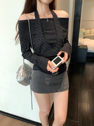 95646 Fake Two-Piece Halter Neck Flat Neck Long Sleeve Striped T-Shirt