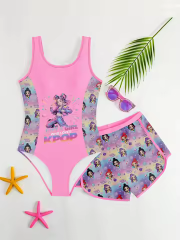 Girls' Summer Swimwear Set: K-Pop Cartoon Idol Print One-Piece Swimsuit + Swim Bottoms (2-Piece Set)