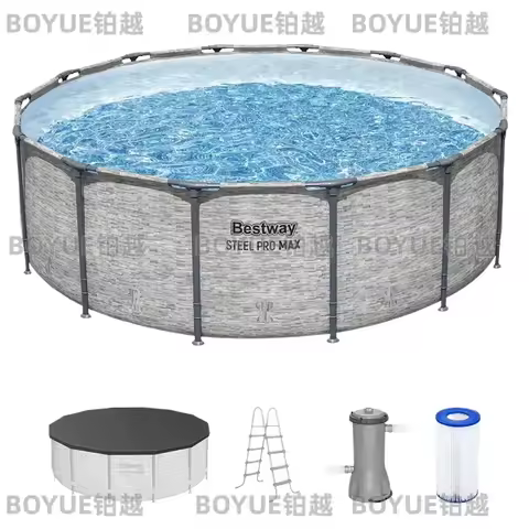 14ft Round Above Ground Swimming Pool Metal Frame Set with Filter Pump Ladder Cover Gray Stone Print
