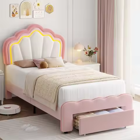 Double upholstered LED bed frame, storage drawer, cute girl bed, adjustable lotus headboard, velvet 