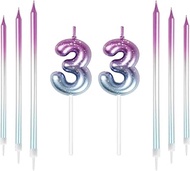 33th Birthday Number Candles Decorations Colourful 33 Candles with Pink Purple Long Candles Cake Can