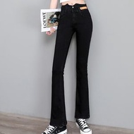 高腰彈力牛仔微喇叭褲修身牛仔褲【黑色(九分)】【26-32碼】(下單後請聯絡客服確認發貨尺碼)#K011012556