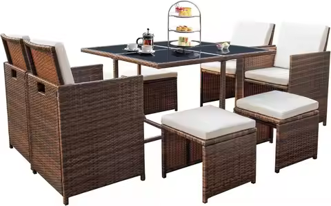 9pc Patio Dining Set Rattan Chair Glass Table Cushioned Sectional Outdoor Space Save,Custom