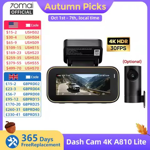 70mai Dash Cam A810 Lite 4K HDR + 1080P, Supercapacitor 4G LTE Remote Control Wi-Fi 6 GPS Voice Cont