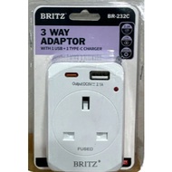 Britz 13A 3 Ways Multi Plug Adaptor with 2 USB Safety Mark