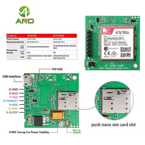 1pc new push push nano sim card slot A7670SA breakout LTE Cat 1 Module TTL A7670SA development